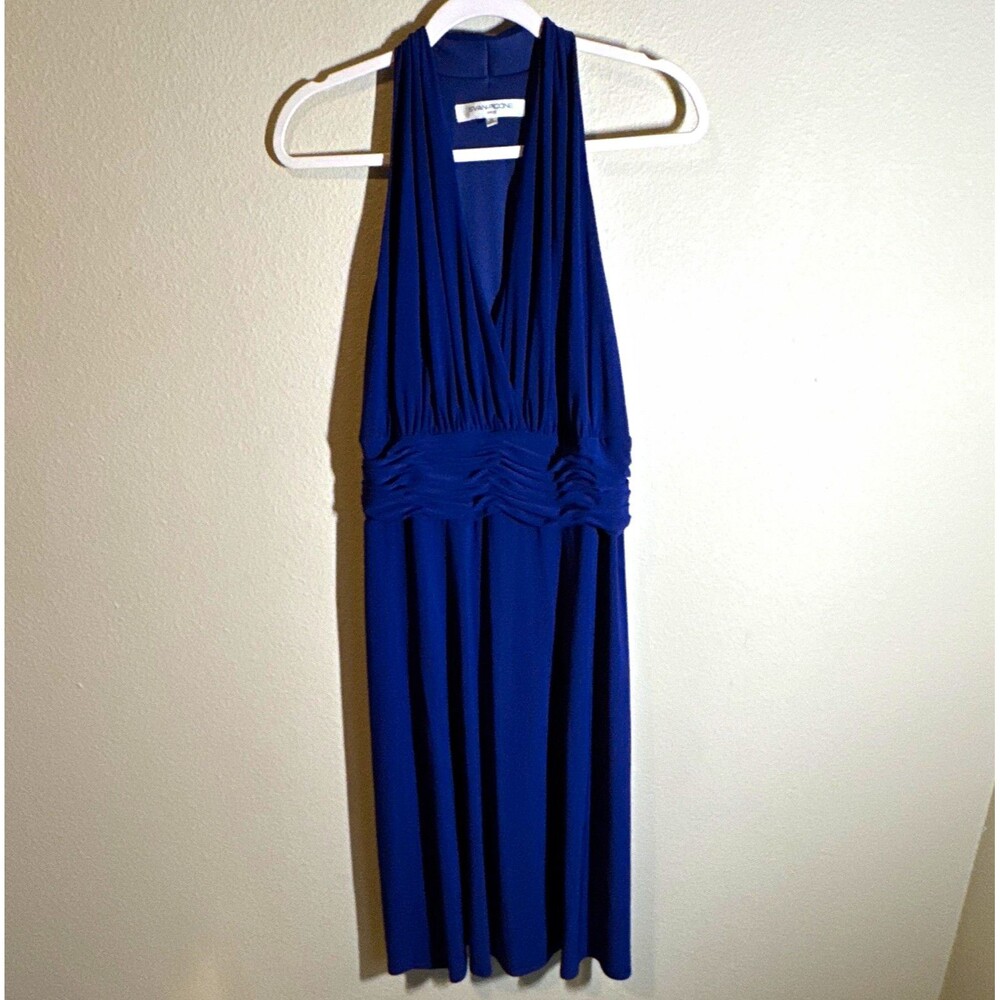 Evan-Picone Women’s Blue Ruched Halter V-Neck Jersey Sheath Dress Size 16